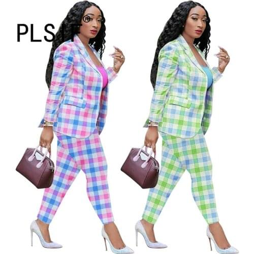 Grid Print Long Sleeve Women Coat High Street Chic Lady Fashion Women Sheath And Pants 2 Pieces Set Tracksuits