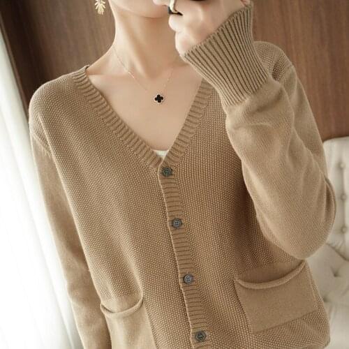 Autumn and Winter 100% Pure Cotton Sweater Woman V-neck Cardigan Casual Retro Cardigan Comfortable Knitted Base Coat