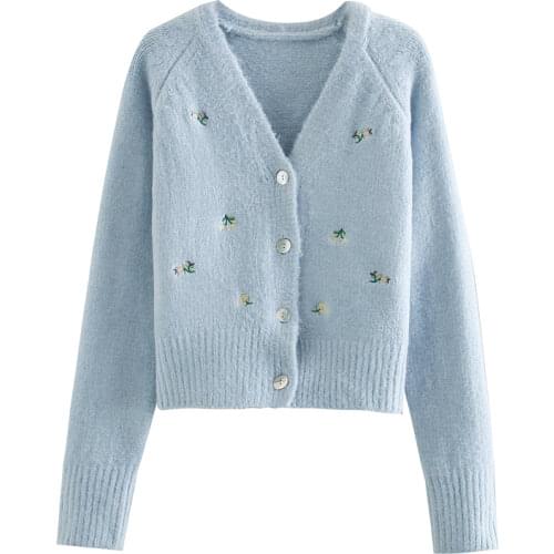 ZA Women 2020 Fashion Floral Embroidered Knitted Cardigan Sweater Vintage V Neck Long Sleeve Female Outerwear Chic Tops