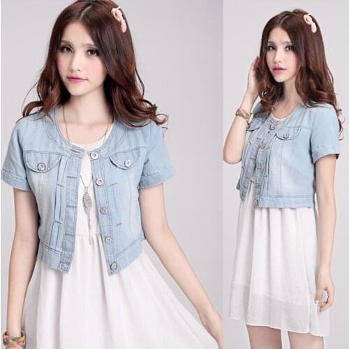 Women Vintage Cropped Denim Jacket Coat Short Sleeve Cardigan Slim Fit Jeans