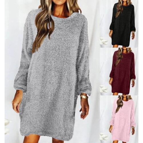 Autumn Winter Dress Women Plush Fleece Warm Midi Dress Sweater Long Sleeve O Neck Casual Loose Solid Color Sexy Party Dresses