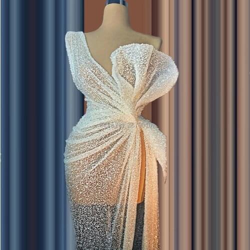 2020 One Shoulder Elegant Evening Dress Sheath Floor-Length Ivory Sequins Robe De Soiree Aibye Prom Dress Middle East Dubai