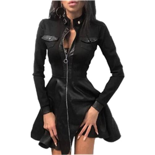 Sexy Mini Party Dress Fashion Elegant PU Leather Zipper Pocket Dresses Long Sleeve A-Line Vestidos Plus Size Punk Clothing Women