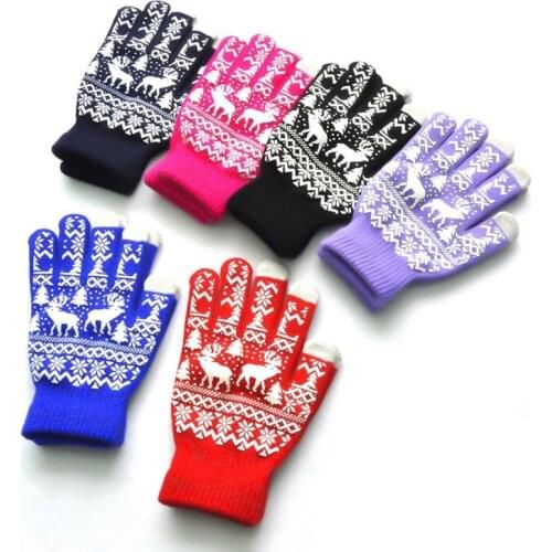 1Pair Women Vintage Christmas Deer Knitted Gloves Thicken Touch Screen Warm Winter Snow Elk Full Finger Christmas Gloves Gift