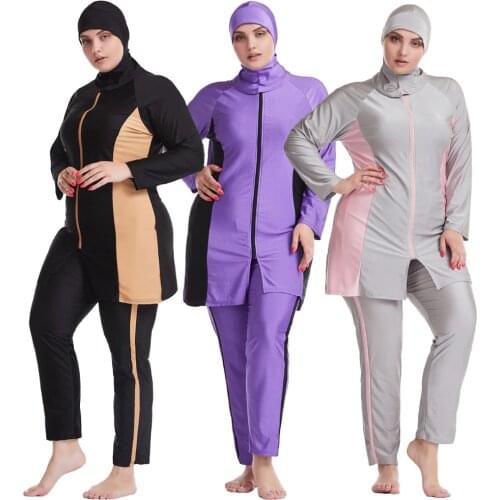2021 Muslim Swimwear Women Modest Patchwork Hijab Long Sleeves Sport Swimsuit 3pcs Islamic Burkinis Wear Bathing Suit XL-6XL