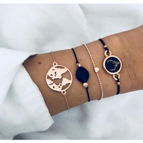 4 Pcs/Set Bohemian Fashion Peach Heart Deer Map Pendant Gem Beaded Bracelet Ladies Exquisite Beach Bangle Jewelry Accessories