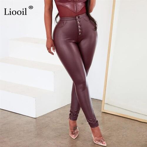 Liooil Faux PU Leather High Waist Pencil Pants Women Black Slacks 2021 Streetwear Button Up Sexy Trousers Bodycon Long Pants