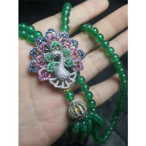 Handmade Bead Chain Natural Green Chalcedony Cloisonne Peacock Long Sweater Chain Necklace