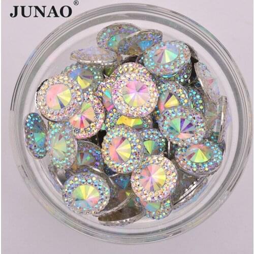 JUNAO Wholesale Bulk 10 12 16 20 30 35 40mm Shiny Large AB Rhinestone Flat Back Resin Strass Applique Non Hot Fix Crystal Stones