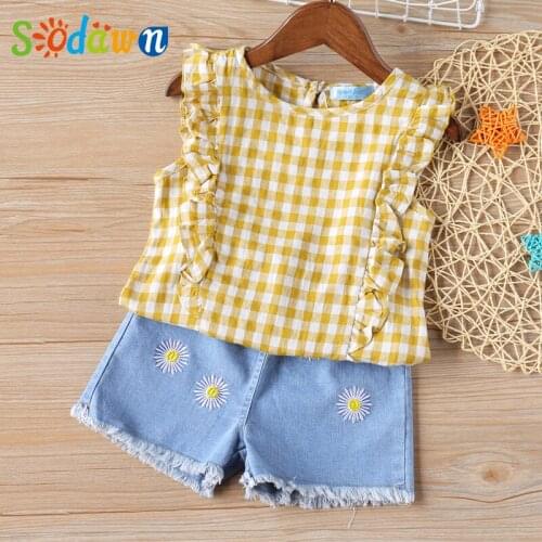 Sodawn Summer Clothes For Kids Girl Girls Set New Fashion Plaid Short-Sleeved Denim Shorts Sets Children Clothes