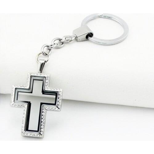 Cross rhinestone floating locket key stainless steel magnetic floating locket key chain
