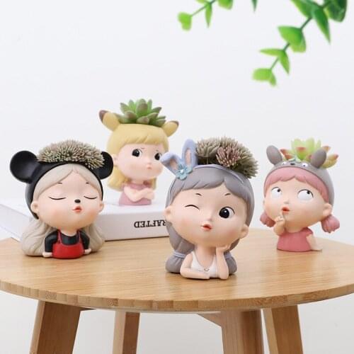 Nordic Cartoon Resin Cute Girl Succulent Plant Flower Pot Sculpture Decoration Living Room Bedroom Home Decor Ornaments