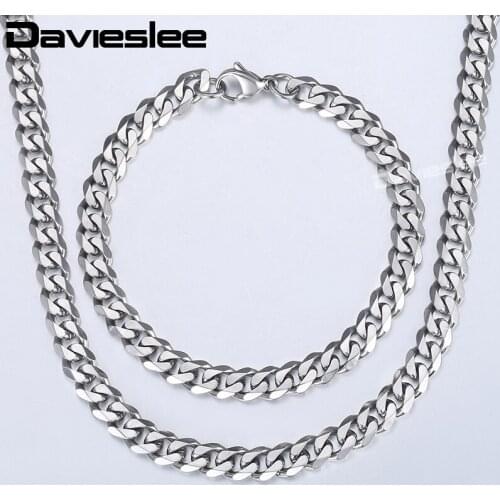 Davieslee Jewelry Sets For Men Stainless Steel Necklace Bracelet Set Silver Color Curb Cuban Chain Jewelry 2018 7mm LKS112
