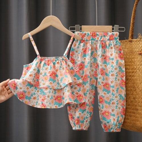 2021 new summer baby girl clothes kids outfit set Sling top pants suit for toddler girls baby 1 year babies birthday floral sets