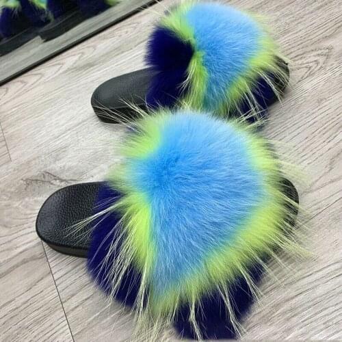 New Furry Women Colorful Fur Slippers Outdoor Open Toe Fluffy Fur Slides Vendor Plush Flip Flops Ladies Home Warm Sandals Shoes