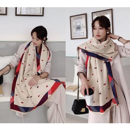 KOI LEAPING European and American style Winter new wild bow scarf female stripe cashmere double-sided warm shawl scarf