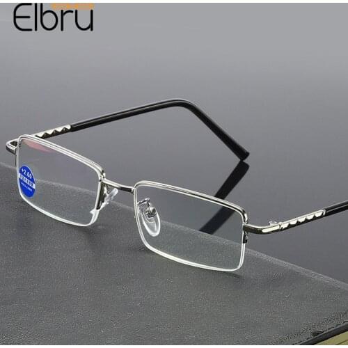 Elbru Metal Square Anti Blue Ray Reading Glasses Men Women Ultralight Half-Frame Silver Presbyopic Spectacles Diopters +1.0 +4.0