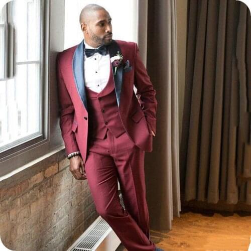 Jacket+Pants+Vest) Classic Vintage Burgundy 3 Piece Groom Tuexdos For Wedding Formal Prom Suit Party Evening Blazer Custom Made