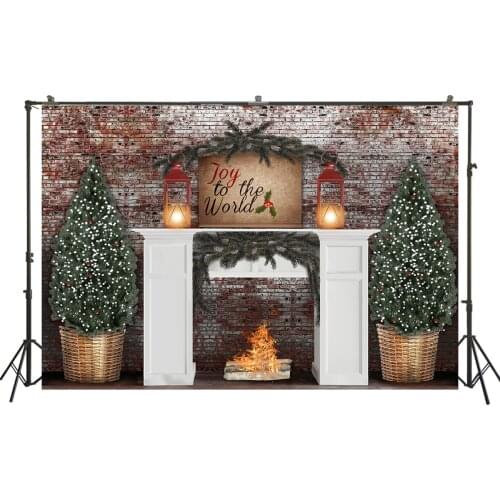 Christmas Backdrop Joy To The World Family Baby Girl Boy Vintage Glittering Noel Trees Poster Fireplace Pine Portrait Background