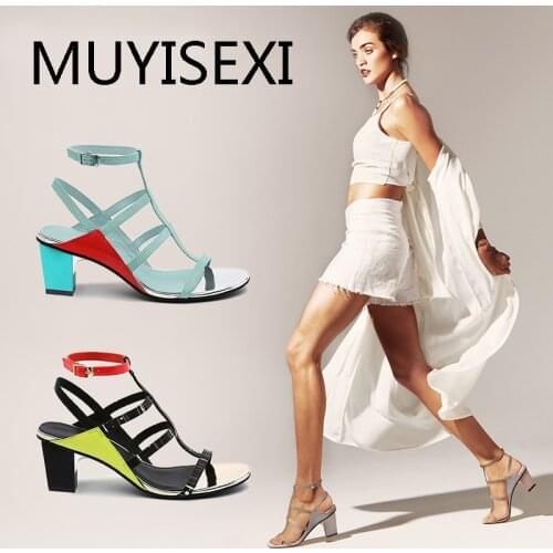 Gladiator Sandals Women 5cm Chunky High Heel Shoes Woman Straps Narrow Band sandalias mujer zapatos mujer tacon HL153 MUYISEXI