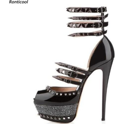 Ronticool Handmade Women Summer Sandals Sexy Studded Stiletto Heels Peep toe Gorgeous Black Gold Party Shoes Women US Size 5-13