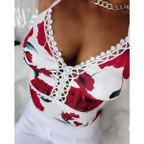 CHRONSTYLE Lace Patchwork Sexy Women Tube Tops Cropped 2021 Sexy Summer Floral Print V-neck Sleeveless Strap Camis Tank Vest New