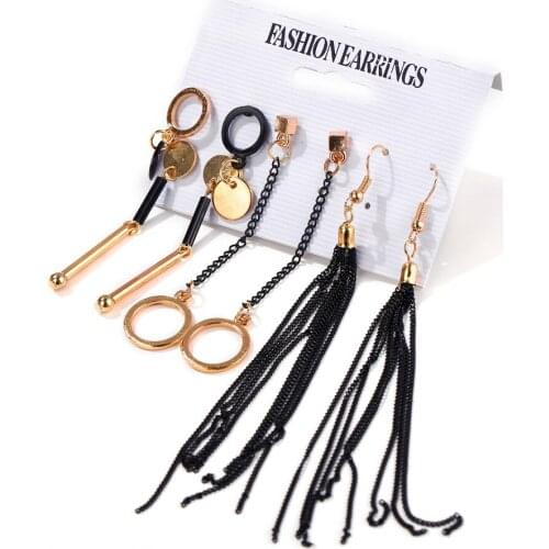 PPG&PGG 2019 New Fashion Aros Black Tassel Stud Earrings Set For Women Vintage Geometric Rhombus Circle Earrings Female Jewelry