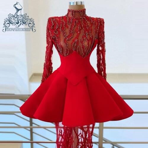 2021 Unique Red High Neck Beading Long Evening Dresses See Thru Ruffles Mermaid Evening Gowns Luxury Dubai Party Gowns