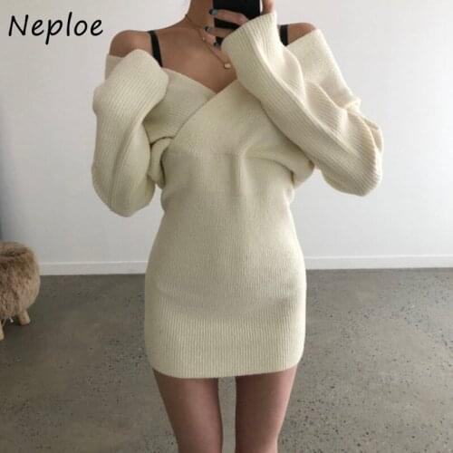 Neploe Solid Color Sexy Cross V-neck Dress Autumn Chic High Waist Knitted Bodycon Dresses Women Soft Casual Simple Vestidos