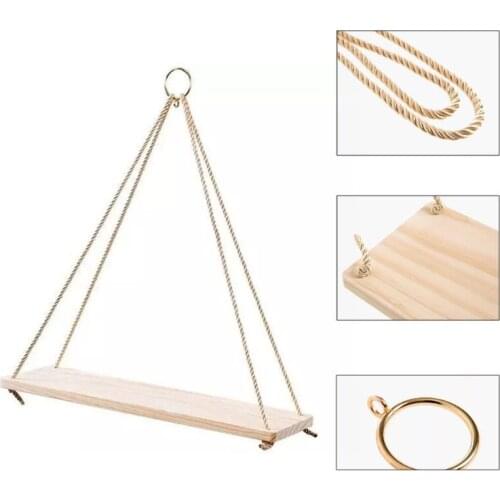 1pc Wood Hanging Rope Swing Floating Shelves Flower Pot Storage Rack Home Wall 667A