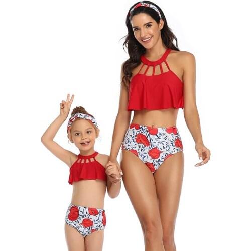 2021 Family Matching Swimwear Girls Womens Swimsuits Bikini Boys Swimming Sets Father Mother and Daughter Son Bathing Swim Suit