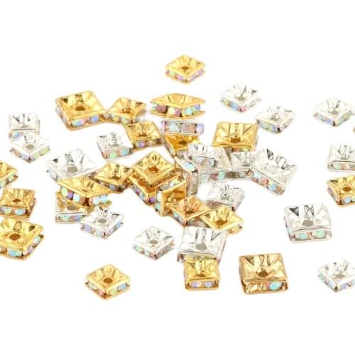 50pc/lot 6mm 8mm AB Gold Silver Color Square Rhinestone Rondelles Crystal Spacer Beads For Jewelry Making DIY Bracelet Necklace