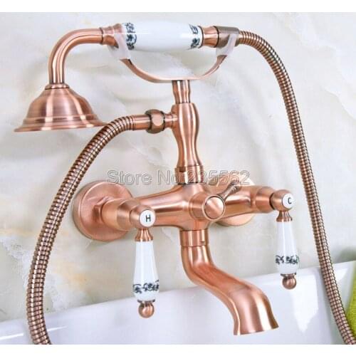 Antique Red Copper Wall Mount Clawfoot Bath Tub Faucet Tap w/ Handheld Shower lna329