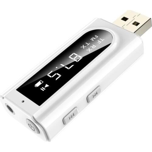 HOT-USB Bluetooth 5.0 Receiver Transmitter 2-In-1 FM Modulator Card 3.5mm AUX Jack Wireless Audio Adapter Handsfree Mic