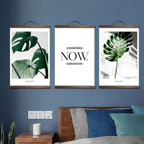 Custom Nordic style green plants canvas decorative painting Store bedroom living room wall art solid wood scroll painting decor