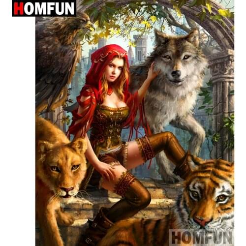 HOMFUN 5D DIY Diamond Painting Full Square/Round Drill "Girl Wolf Tiger" Embroidery Cross Stitch gift Home Decor Gift A08021