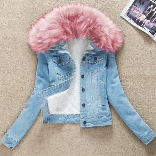 2020 Autumn Winter Womens Denim Jacket Fur Collar Short Basic Coats Female Plus Size 4xl Jeans Jackets Oversize Outerwear M25