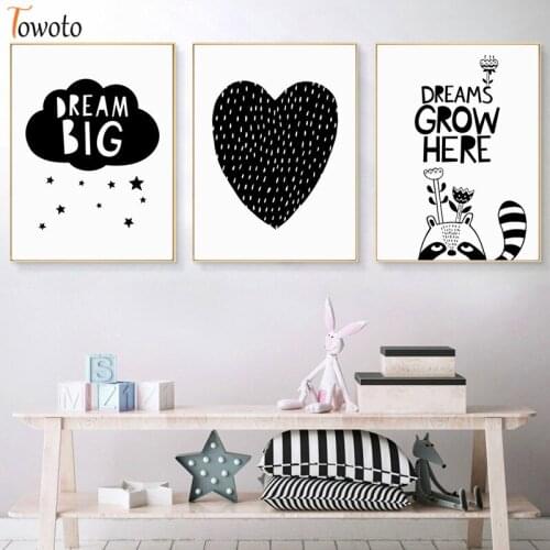Cute Minimalist Canvas Painting Heart Print Cartoon Poster Black and White Wall Art Nursery Boy Room Decorative Wall Pictures