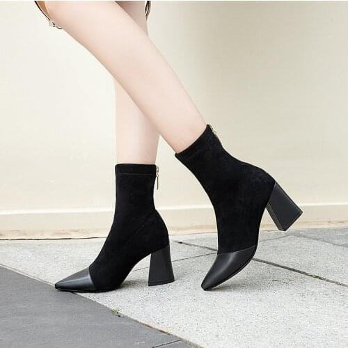 Fashion Velvet Socks and Ankle Boots Thick High-heeled Stretch Womens Autumn Sexy Short Boots Pointed Toe Womens High Heels
