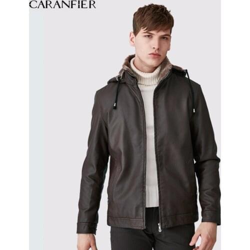 CARANFIER Mens Leather Jackets Winter Warm Coats Plus Thick Outerwear Biker Motorcycle Male Classic Hooded Faux Jacket Windproof