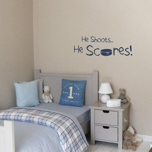 He shoots ... He scores ! Decal Hockey Puck Wall Decal Hockey Wall Art Vinyl Sticker kids teenager hockey decor - saying A1-050