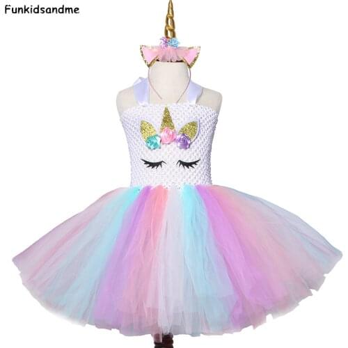 Pastel Unicorn Dress Girl Tulle Flowers Girls Tutu Dress Children Birthday Party Dresses Kids Cosplay Unicorn Halloween Costume