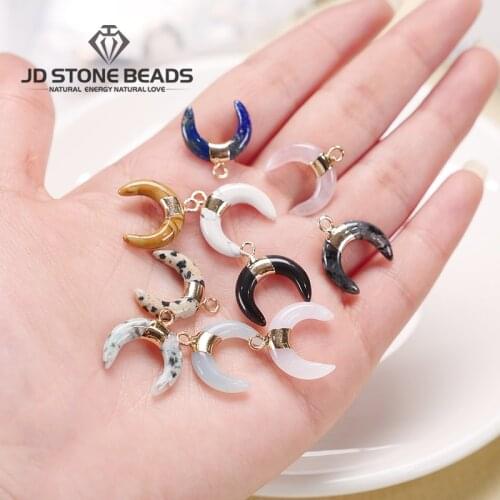 5Pcs/bag Natural Stone Pendants Pink Quartz Lapis Obsidian Moon Shape Copper Edging For Necklace Jewelry Making Diy Gift Women