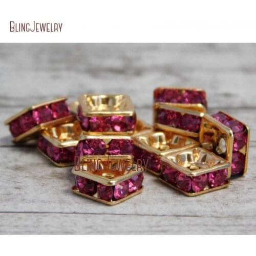 Hot Pink Rhinestone Bead Spacers Squaredelle Gold Square Rondelle Spacer Crystal Bead For Jewelry Making Copper Findings FC26876
