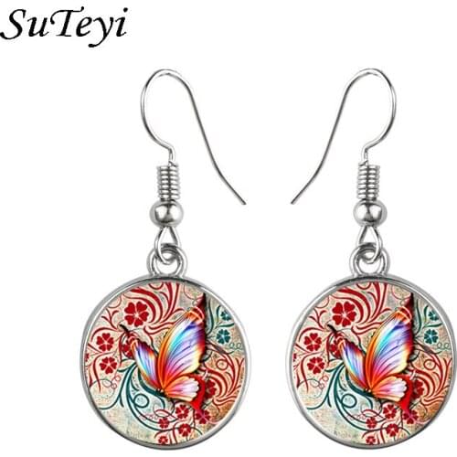 Bohemian Butterfly Drop Earrings Vintage Round Glass Dome Hanging Earrings For Women Summer Jewelry 2021 Drop Shipping