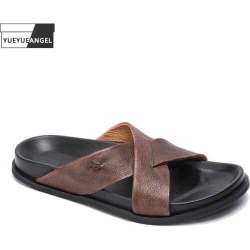 Summer Men Thick Platform Slippers Outside Genuine Leather Slides Casual Antiskid Bathroom Shoes Fashion Vintage Beach Slippers