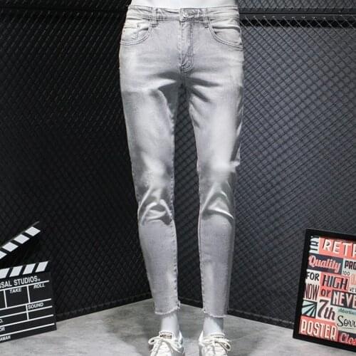 Vintage Gray-White Jeans Fashion New Mens Skinny Elastic Ankle Length Denim Pants Distressed Tassel Summer Men Casual Trousers