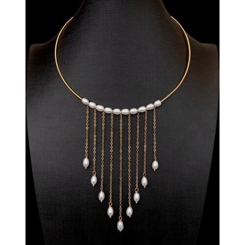 Y·YING Festoon Necklace Freshwater Cultured White rice Pearl Choker Necklace 17" Women Jewelry
