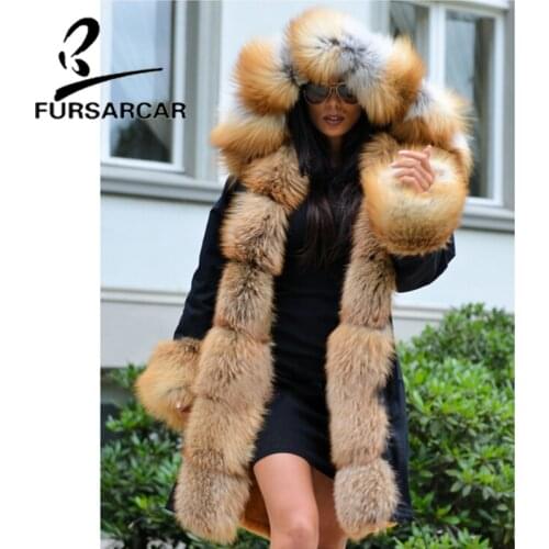 FURSARCAR 2020 New Fashion Natural Real Fur Parka Women Thick Rabbit Lining Fox Fur Hood Long Luxury Winter Fur Parkas