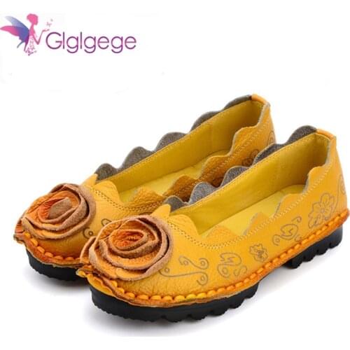 Glglgege New Arrival 2019 Women Autumn Spring Genuine Leather Flat Heels Shoes Handmade Vintage Flower Shoes Cowhide Woman Flats